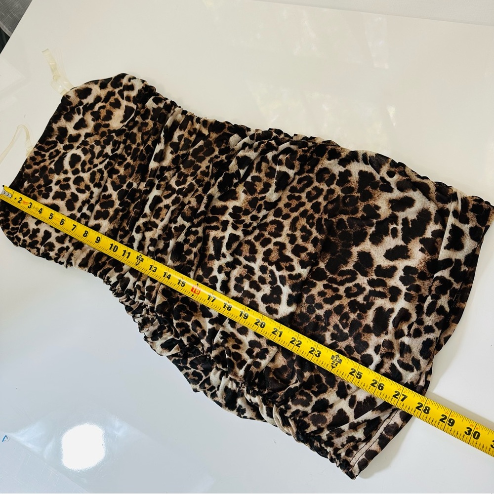 DAY & NIGHT leopard print mini dress clear shoulder straps fabric black tan S - Picture 7 of 9